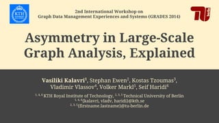 Asymmetry in Large-Scale
Graph Analysis, Explained
2nd International Workshop on
Graph Data Management Experiences and Systems (GRADES 2014)
Vasiliki Kalavri1
, Stephan Ewen2
, Kostas Tzoumas3
,
Vladimir Vlassov4
, Volker Markl5
, Seif Haridi6
1, 4, 6
KTH Royal Institute of Technology, 2, 3, 5
Technical University of Berlin
1, 4, 6
{kalavri, vladv, haridi}@kth.se
2, 3, 5
{firstname.lastname}@tu-berlin.de
 