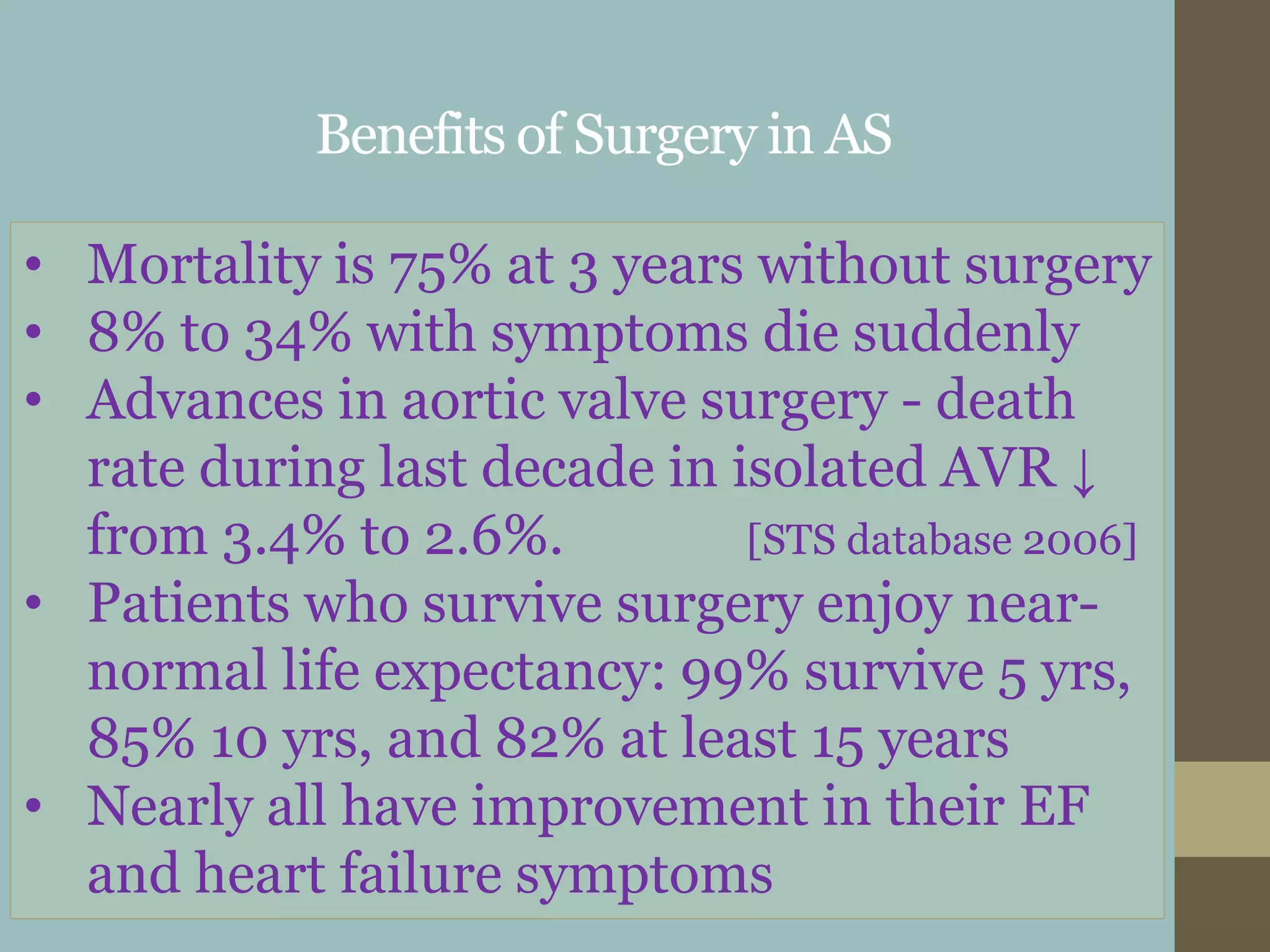 Benefits of Surgery in AS
• Mortality is 75% at 3 years without surgery
• 8% to 34% with symptoms die suddenly
• Advances in aortic valve surgery - death
rate during last decade in isolated AVR ↓
from 3.4% to 2.6%. [STS database 2006]
• Patients who survive surgery enjoy near-
normal life expectancy: 99% survive 5 yrs,
85% 10 yrs, and 82% at least 15 years
• Nearly all have improvement in their EF
and heart failure symptoms
 