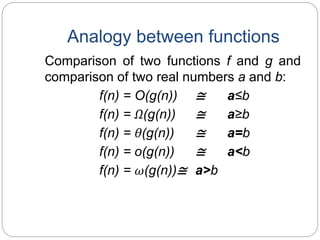 Analogy between functions
Comparison of two functions f and g and
comparison of two real numbers a and b:
f(n) = O(g(n)) ≅ a≤b
f(n) = Ω(g(n)) ≅ a≥b
f(n) = θ(g(n)) ≅ a=b
f(n) = o(g(n)) ≅ a<b
f(n) = ω(g(n))≅ a>b
 