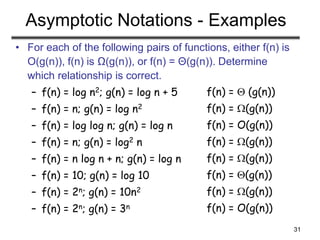 31
Asymptotic Notations - Examples
• For each of the following pairs of functions, either f(n) is
O(g(n)), f(n) is Ω(g(n)), or f(n) = Θ(g(n)). Determine
which relationship is correct.
– f(n) = log n2; g(n) = log n + 5
– f(n) = n; g(n) = log n2
– f(n) = log log n; g(n) = log n
– f(n) = n; g(n) = log2 n
– f(n) = n log n + n; g(n) = log n
– f(n) = 10; g(n) = log 10
– f(n) = 2n; g(n) = 10n2
– f(n) = 2n; g(n) = 3n
f(n) =  (g(n))
f(n) = (g(n))
f(n) = O(g(n))
f(n) = (g(n))
f(n) = (g(n))
f(n) = (g(n))
f(n) = (g(n))
f(n) = O(g(n))
 