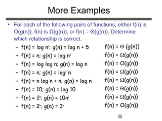 32
More Examples
• For each of the following pairs of functions, either f(n) is
O(g(n)), f(n) is Ω(g(n)), or f(n) = Θ(g(n)...