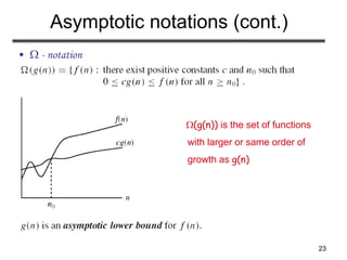 23
Asymptotic notations (cont.)
•  - notation
(g(n)) is the set of functions
with larger or same order of
growth as g(n)
 