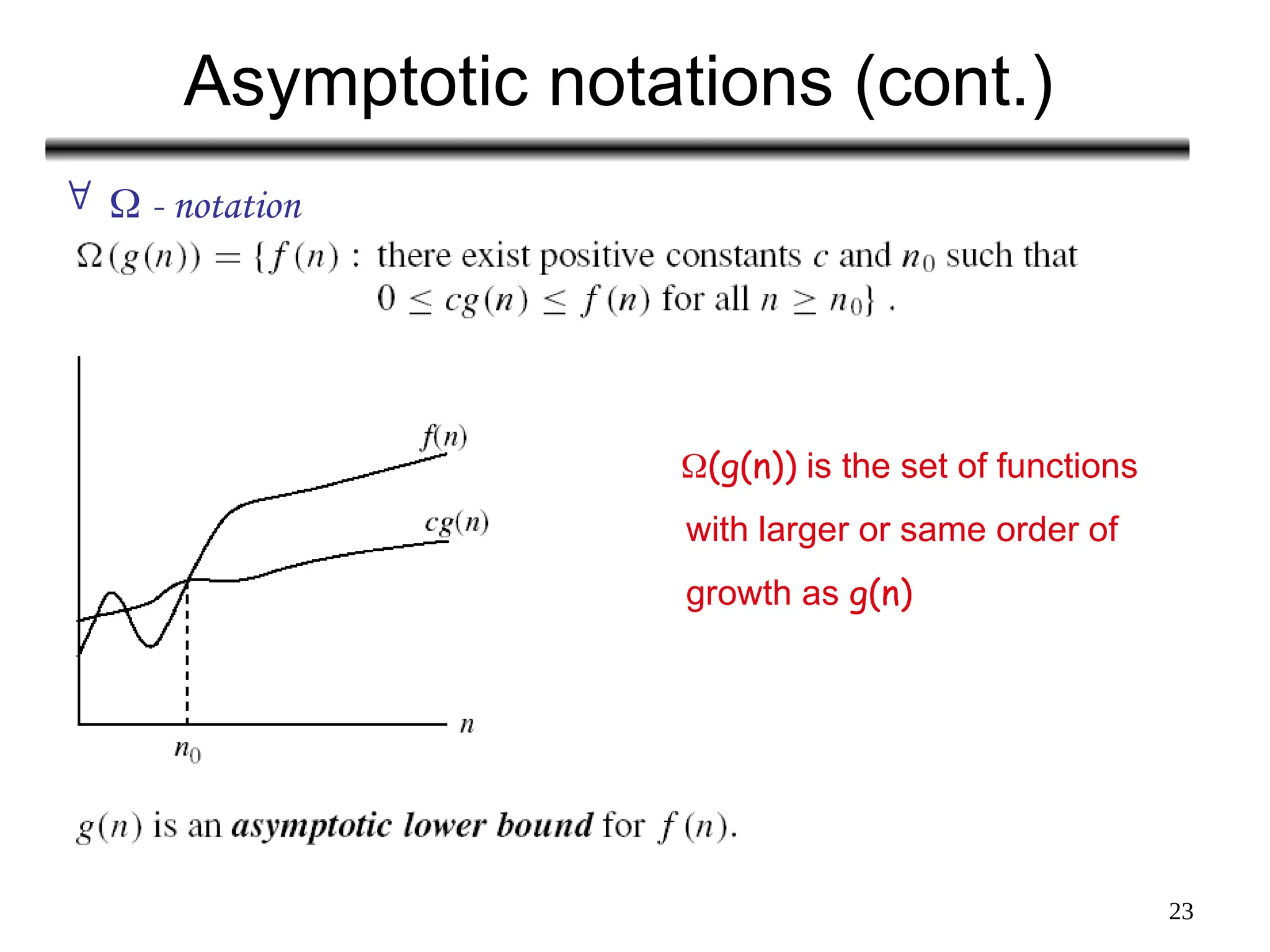 23
Asymptotic notations (cont.)
  - notation
(g(n)) is the set of functions
with larger or same order of
growth as g(n)
 