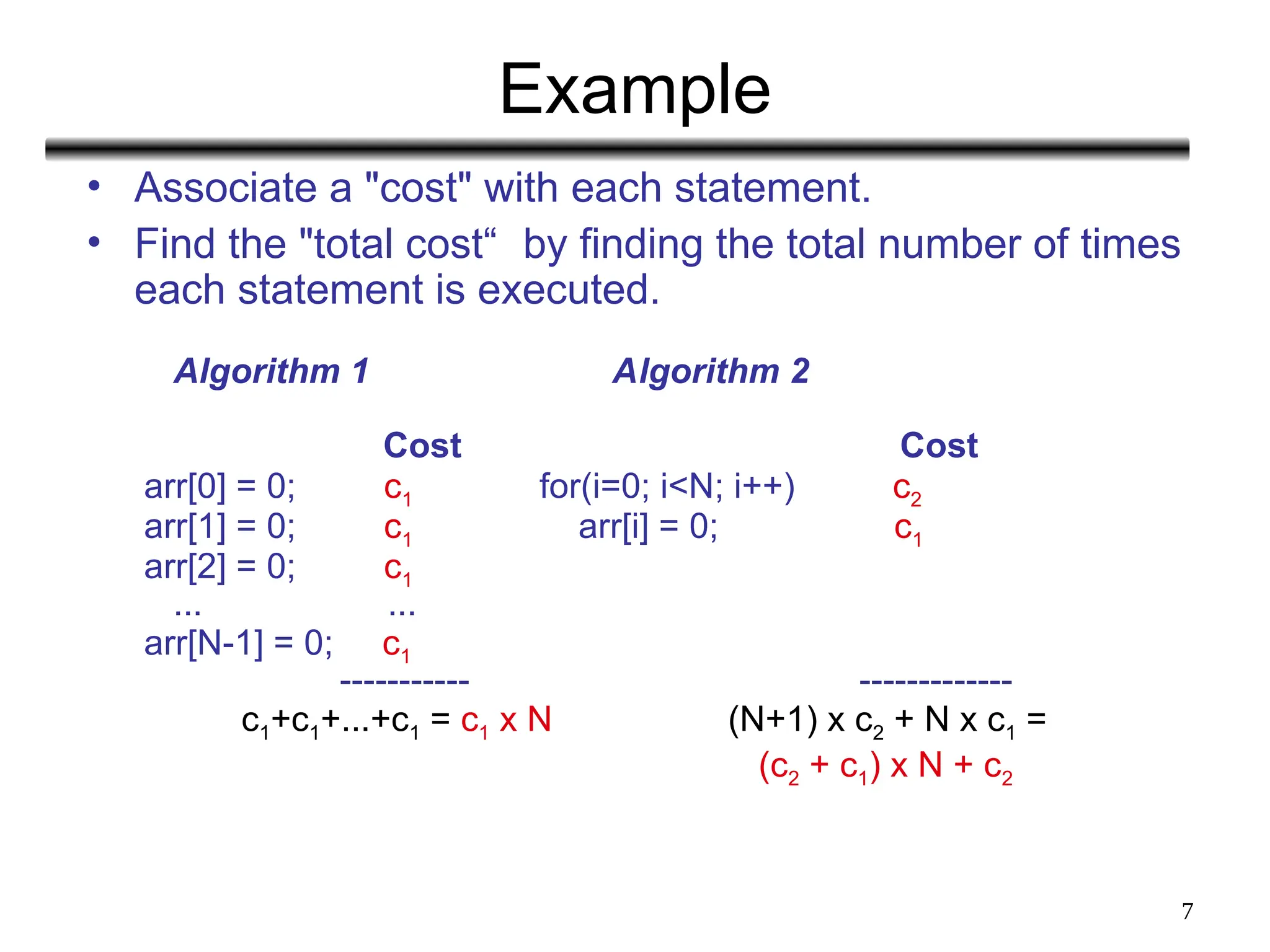7
Example
• Associate a "cost" with each statement.
• Find the "total cost“ by finding the total number of times
each statement is executed.
Algorithm 1 Algorithm 2
Cost Cost
arr[0] = 0; c1 for(i=0; i<N; i++) c2
arr[1] = 0; c1 arr[i] = 0; c1
arr[2] = 0; c1
... ...
arr[N-1] = 0; c1
----------- -------------
c1+c1+...+c1 = c1 x N (N+1) x c2 + N x c1 =
(c2 + c1) x N + c2
 