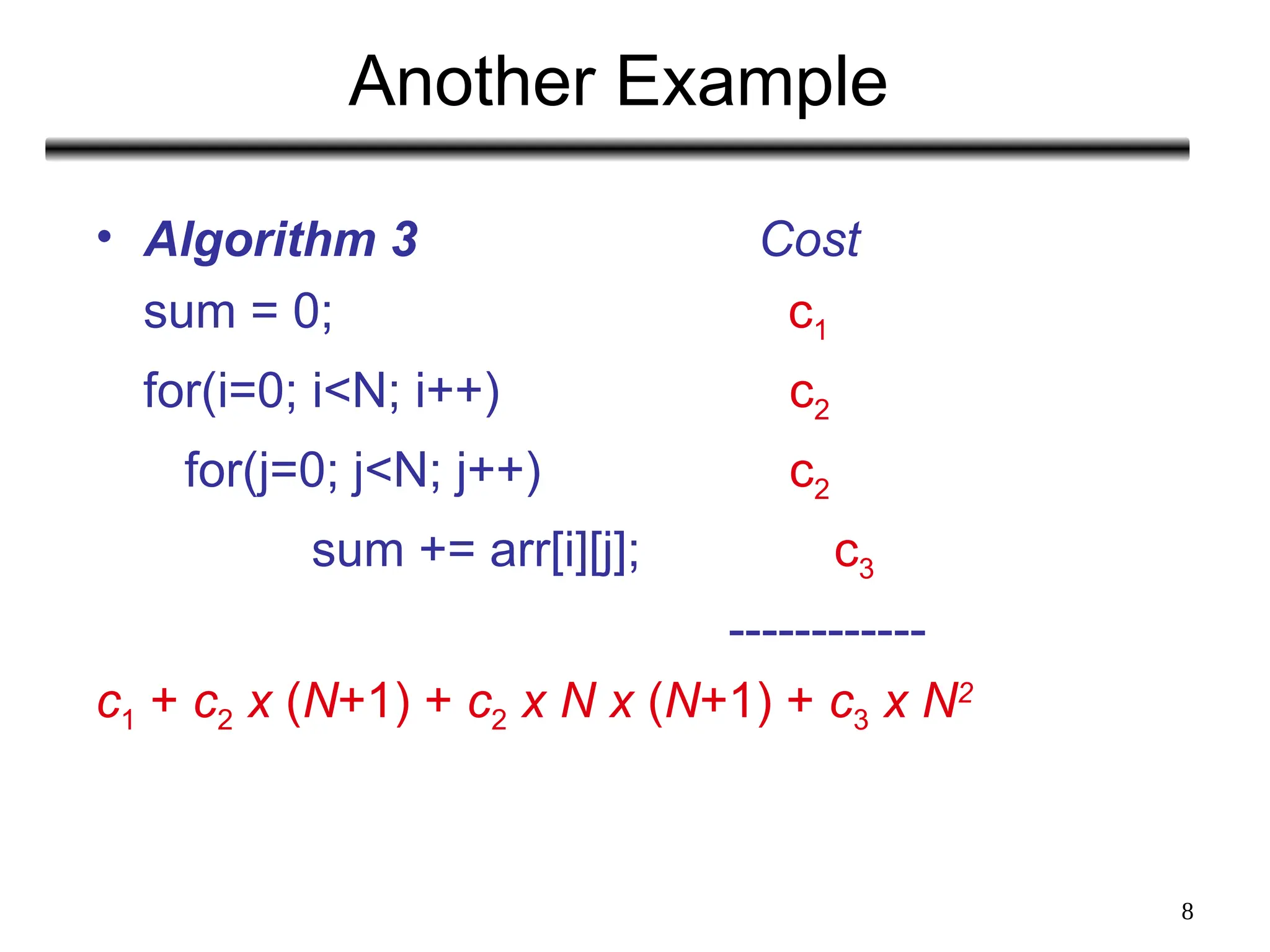 8
Another Example
• Algorithm 3 Cost
sum = 0; c1
for(i=0; i<N; i++) c2
for(j=0; j<N; j++) c2
sum += arr[i][j]; c3
------------
c1 + c2 x (N+1) + c2 x N x (N+1) + c3 x N2
 