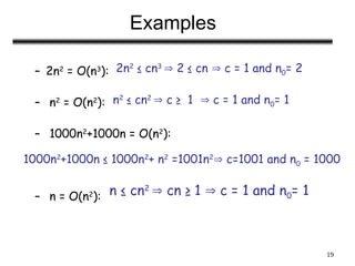19
Examples
– 2n2
= O(n3
):
– n2
= O(n2
):
– 1000n2
+1000n = O(n2
):
– n = O(n2
):
2n2
≤ cn3
 2 ≤ cn  c = 1 and n0= 2
n2
≤ cn2
 c ≥ 1  c = 1 and n0= 1
1000n2
+1000n ≤ 1000n2
+ n2
=1001n2
 c=1001 and n0 = 1000
n ≤ cn2
 cn ≥ 1  c = 1 and n0= 1
 