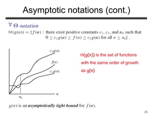 25
Asymptotic notations (cont.)
 -notation
(g(n)) is the set of functions
with the same order of growth
as g(n)
 