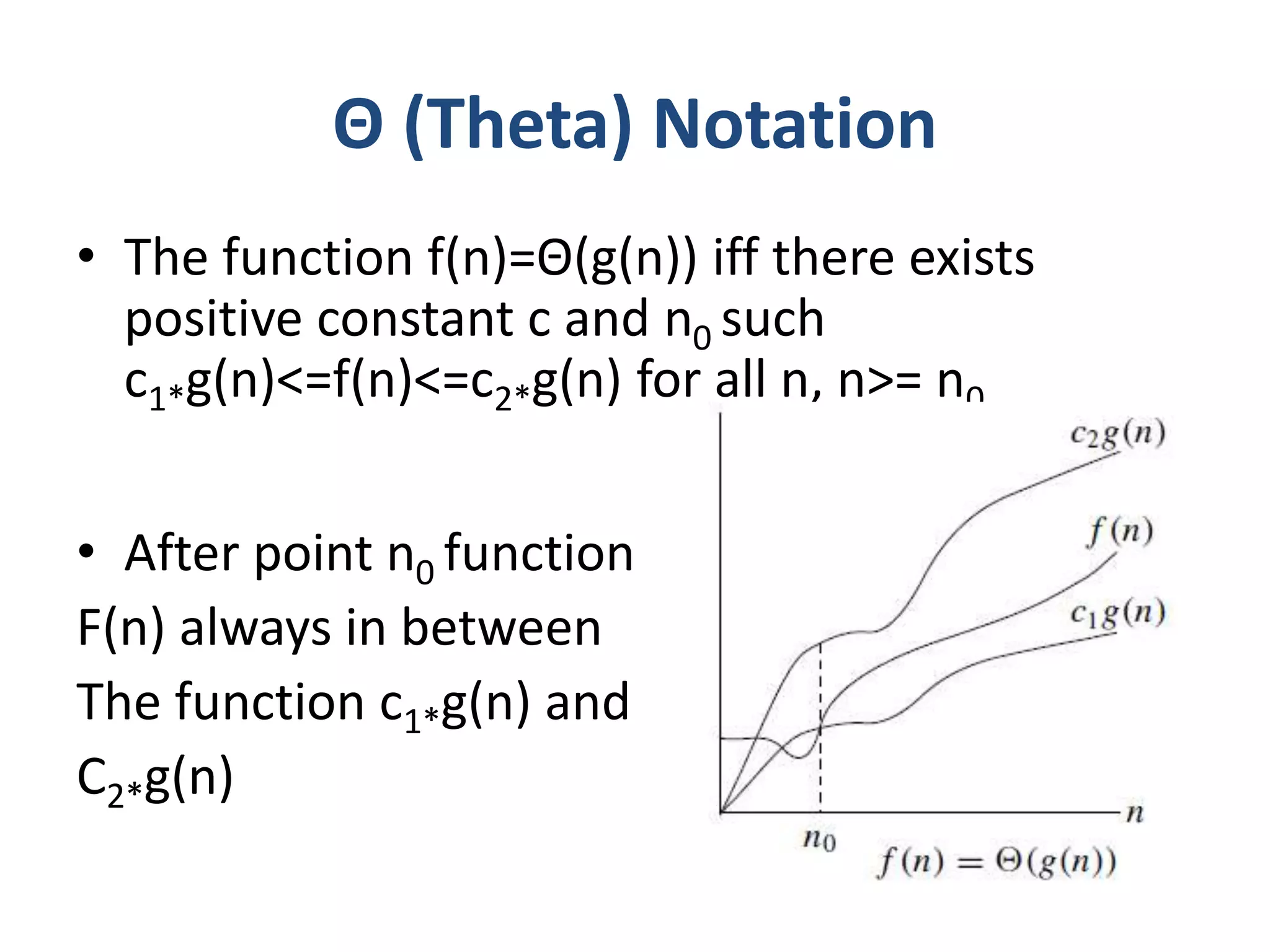 Θ (Theta) Notation
• The function f(n)=Θ(g(n)) iff there exists
positive constant c and n0 such
c1*g(n)<=f(n)<=c2*g(n) for all n, n>= n0 .
• After point n0 function
F(n) always in between
The function c1*g(n) and
C2*g(n)
 
