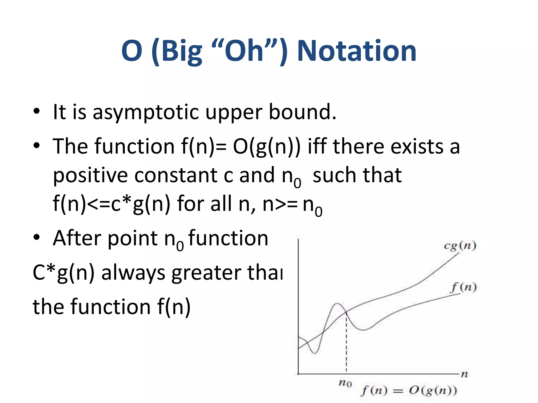 Ο (Big “Oh”) Notation
• It is asymptotic upper bound.
• The function f(n)= Ο(g(n)) iff there exists a
positive constant c and n0 such that
f(n)<=c*g(n) for all n, n>= n0
• After point n0 function
C*g(n) always greater than
the function f(n)
 