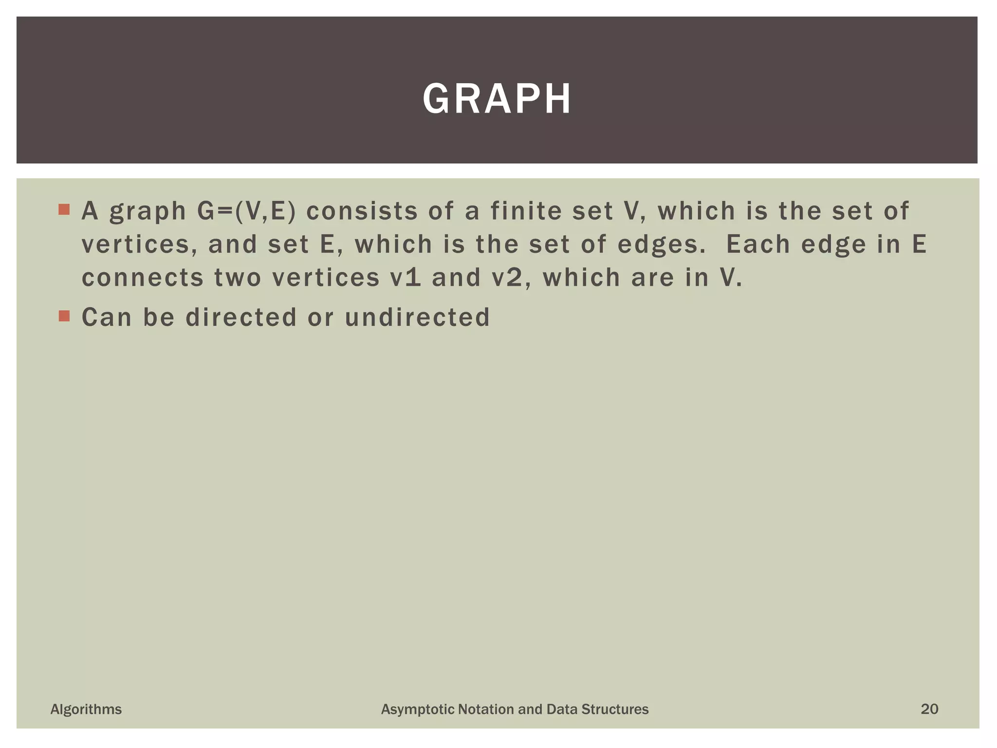  A graph G=(V,E) consists of a finite set V, which is the set of
vertices, and set E, which is the set of edges. Each edge in E
connects two vertices v1 and v2, which are in V.
 Can be directed or undirected
Algorithms Asymptotic Notation and Data Structures 20
GRAPH
 