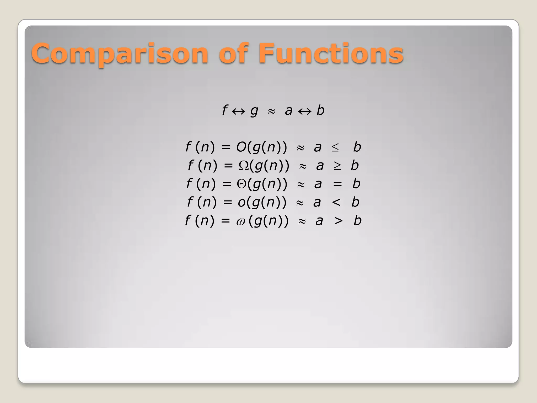 Comparison of Functions
              f   g    a   b

         f (n) = O(g(n))   a   b
          f (n) = (g(n))   a   b
         f (n) = (g(n))    a = b
         f (n) = o(g(n))   a < b
         f (n) = (g(n))    a > b
 