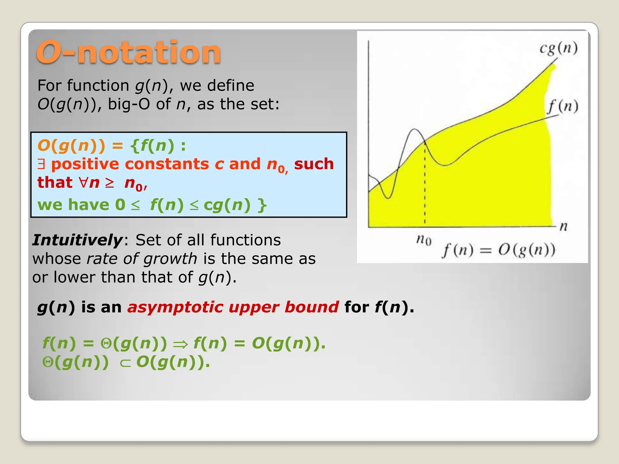 O-notation
O(g(n)) = {f(n) :
positive constants c and n0, such
that n n0,
we have 0 f(n) cg(n) }
For function g(n), we define
O(g(n)), big-O of n, as the set:
g(n) is an asymptotic upper bound for f(n).
Intuitively: Set of all functions
whose rate of growth is the same as
or lower than that of g(n).
f(n) = (g(n)) f(n) = O(g(n)).
(g(n)) O(g(n)).
 