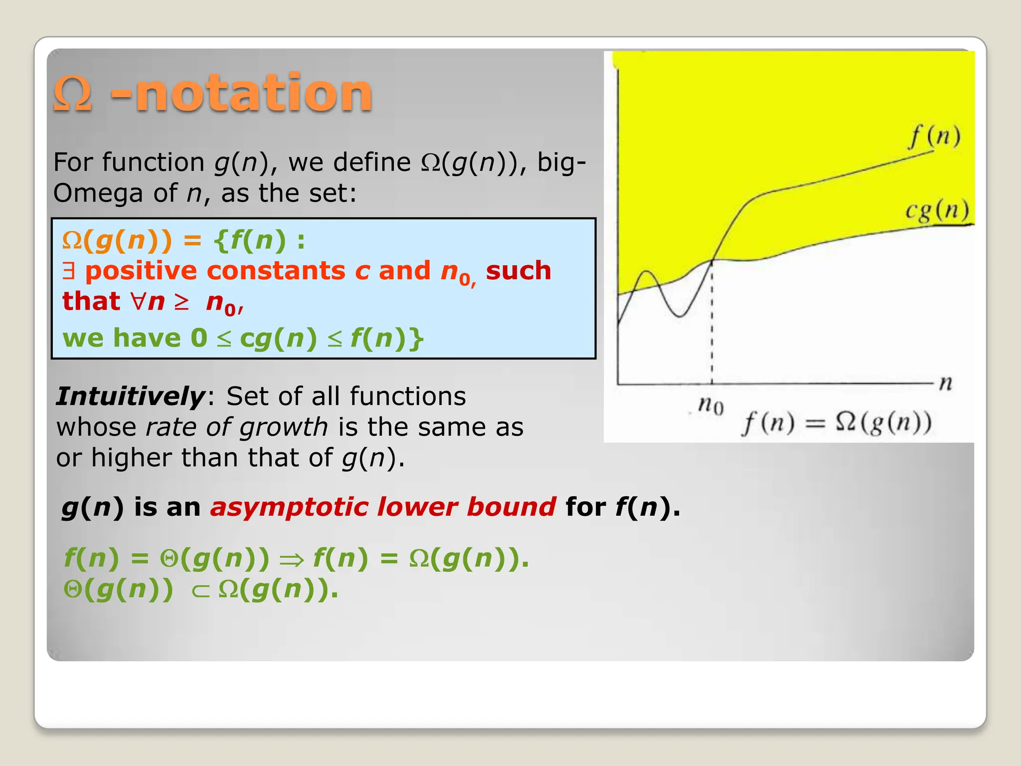 -notation
g(n) is an asymptotic lower bound for f(n).
Intuitively: Set of all functions
whose rate of growth is the same as
or higher than that of g(n).
f(n) = (g(n)) f(n) = (g(n)).
(g(n)) (g(n)).
(g(n)) = {f(n) :
positive constants c and n0, such
that n n0,
we have 0 cg(n) f(n)}
For function g(n), we define (g(n)), big-
Omega of n, as the set:
 