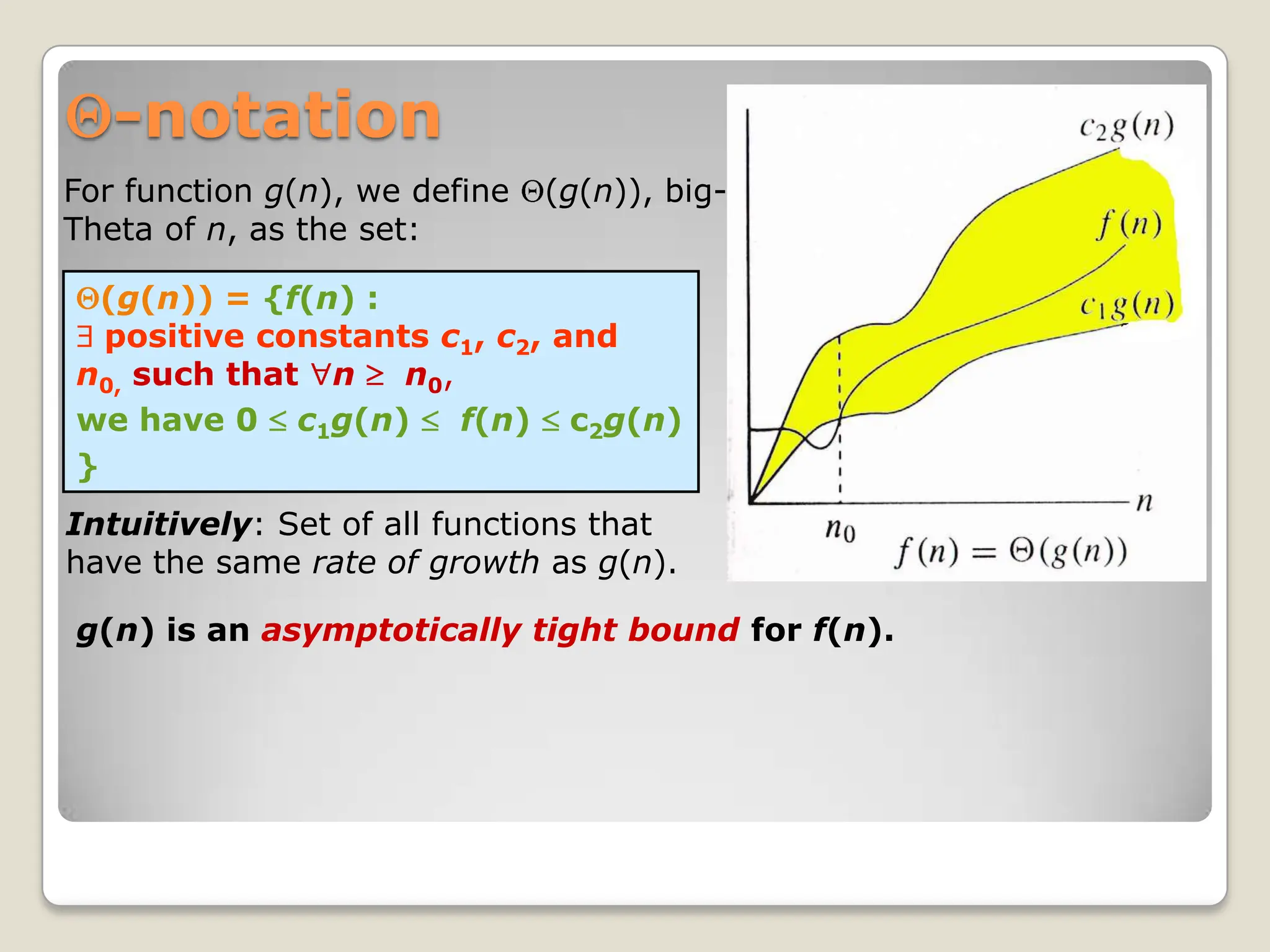 -notation
(g(n)) = {f(n) :
positive constants c1, c2, and
n0, such that n n0,
we have 0 c1g(n) f(n) c2g(n)
}
For function g(n), we define (g(n)), big-
Theta of n, as the set:
g(n) is an asymptotically tight bound for f(n).
Intuitively: Set of all functions that
have the same rate of growth as g(n).
 