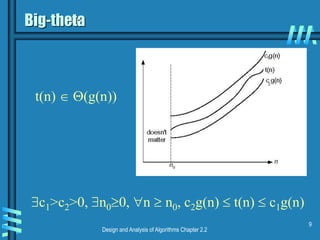 Design and Analysis of Algorithms Chapter 2.2
9
Big-theta
t(n)  (g(n))
c1>c2>0, n00, n  n0, c2g(n)  t(n)  c1g(n)
 