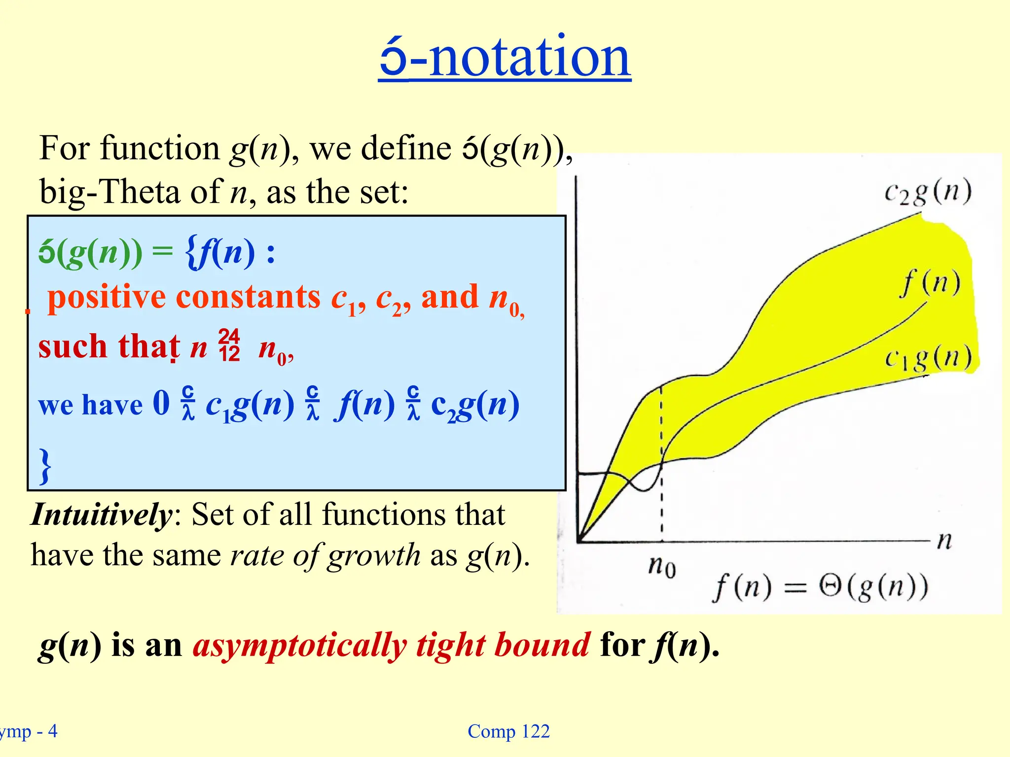 ymp - 4 Comp 122
-notation
(g(n)) = {f(n) :
 positive constants c1, c2, and n0,
such that n  n0,
we have 0  c1g(n)  f(n)  c2g(n)
}
For function g(n), we define (g(n)),
big-Theta of n, as the set:
g(n) is an asymptotically tight bound for f(n).
Intuitively: Set of all functions that
have the same rate of growth as g(n).
 