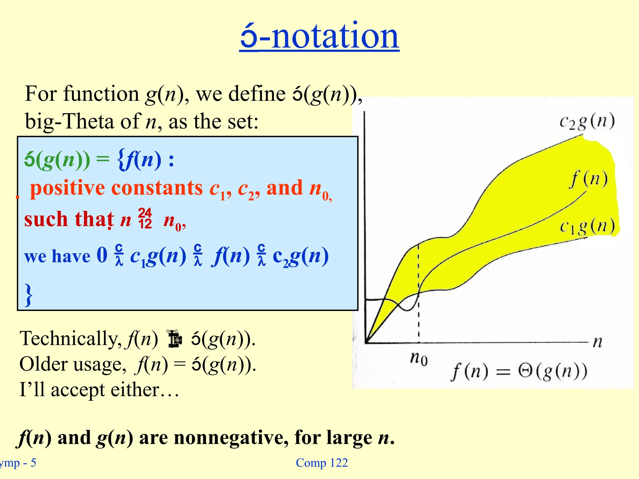ymp - 5 Comp 122
-notation
(g(n)) = {f(n) :
 positive constants c1, c2, and n0,
such that n  n0,
we have 0  c1g(n)  f(n)  c2g(n)
}
For function g(n), we define (g(n)),
big-Theta of n, as the set:
Technically, f(n)  (g(n)).
Older usage, f(n) = (g(n)).
I’ll accept either…
f(n) and g(n) are nonnegative, for large n.
 