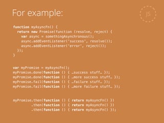 function myAsyncFn() {
return new Promise(function (resolve, reject) {
var async = somethingAsynchronous();
async.addEventListener('success', resolve());
async.addEventListener('error', reject());
});
}
JSFor example:
var myPromise = myAsyncFn();
myPromise.done(function () { …success stuff… });
myPromise.done(function () { …more success stuff… });
myPromise.fail(function () { …failure stuff… });
myPromise.fail(function () { …more failure stuff… });
myPromise.then(function () { return myAsyncFn() })
.then(function () { return myAsyncFn() })
.then(function () { return myAsyncFn() });
 