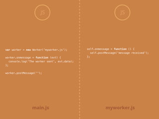 JS
var worker = new Worker('myworker.js');
!
worker.onmessage = function (evt) {
console.log('The worker sent', evt.data);
};
!
worker.postMessage('');
JS
self.onmessage = function () {
self.postMessage('message received');
};
main.js myworker.js
 