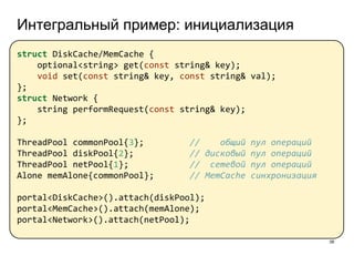Интегральный пример: инициализация
38
struct DiskCache/MemCache {
optional<string> get(const string& key);
void set(const string& key, const string& val);
};
struct Network {
string performRequest(const string& key);
};
ThreadPool commonPool{3}; // общий пул операций
ThreadPool diskPool{2}; // дисковый пул операций
ThreadPool netPool{1}; // сетевой пул операций
Alone memAlone{commonPool}; // MemCache синхронизация
portal<DiskCache>().attach(diskPool);
portal<MemCache>().attach(memAlone);
portal<Network>().attach(netPool);
 