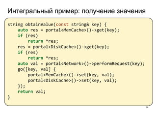Интегральный пример: получение значения
39
string obtainValue(const string& key) {
auto res = portal<MemCache>()->get(key);
if (res)
return *res;
res = portal<DiskCache>()->get(key);
if (res)
return *res;
auto val = portal<Network>()->performRequest(key);
go([key, val] {
portal<MemCache>()->set(key, val);
portal<DiskCache>()->set(key, val);
});
return val;
}
 