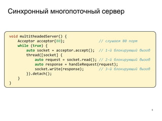 Синхронный многопоточный сервер
5
void multitheadedServer() {
Acceptor acceptor{80}; // слушаем 80 порт
while (true) {
auto socket = acceptor.accept(); // 1-й блокирующий вызов
thread([socket] {
auto request = socket.read(); // 2-й блокирующий вызов
auto response = handleRequest(request);
socket.write(response); // 3-й блокирующий вызов
}).detach();
}
}
 