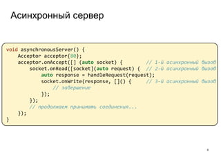 Асинхронный сервер
6
void asynchronousServer() {
Acceptor acceptor{80};
acceptor.onAccept([] (auto socket) { // 1-й асинхронный вызов
socket.onRead([socket](auto request) { // 2-й асинхронный вызов
auto response = handleRequest(request);
socket.onWrite(response, []() { // 3-й асинхронный вызов
// завершение
});
});
// продолжаем принимать соединения...
});
}
 