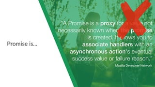 Promise is...
“A Promise is a proxy for a value not
necessarily known when the promise
is created. It allows you to
associate handlers with an
asynchronous action's eventual
success value or failure reason.”
Mozilla Develpoer Network
 