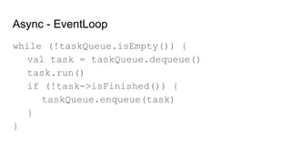 Async - EventLoop
while (!taskQueue.isEmpty()) {
val task = taskQueue.dequeue()
task.run()
if (!task->isFinished()) {
taskQueue.enqueue(task)
}
}
 