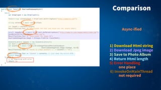 1) Download Html string
2) Download Jpeg image
3) Save to Photo Album
5) Error Handling
4) Return Html length
Comparison
6) InvokeOnMainThread
one place
not required
Async-ified
 