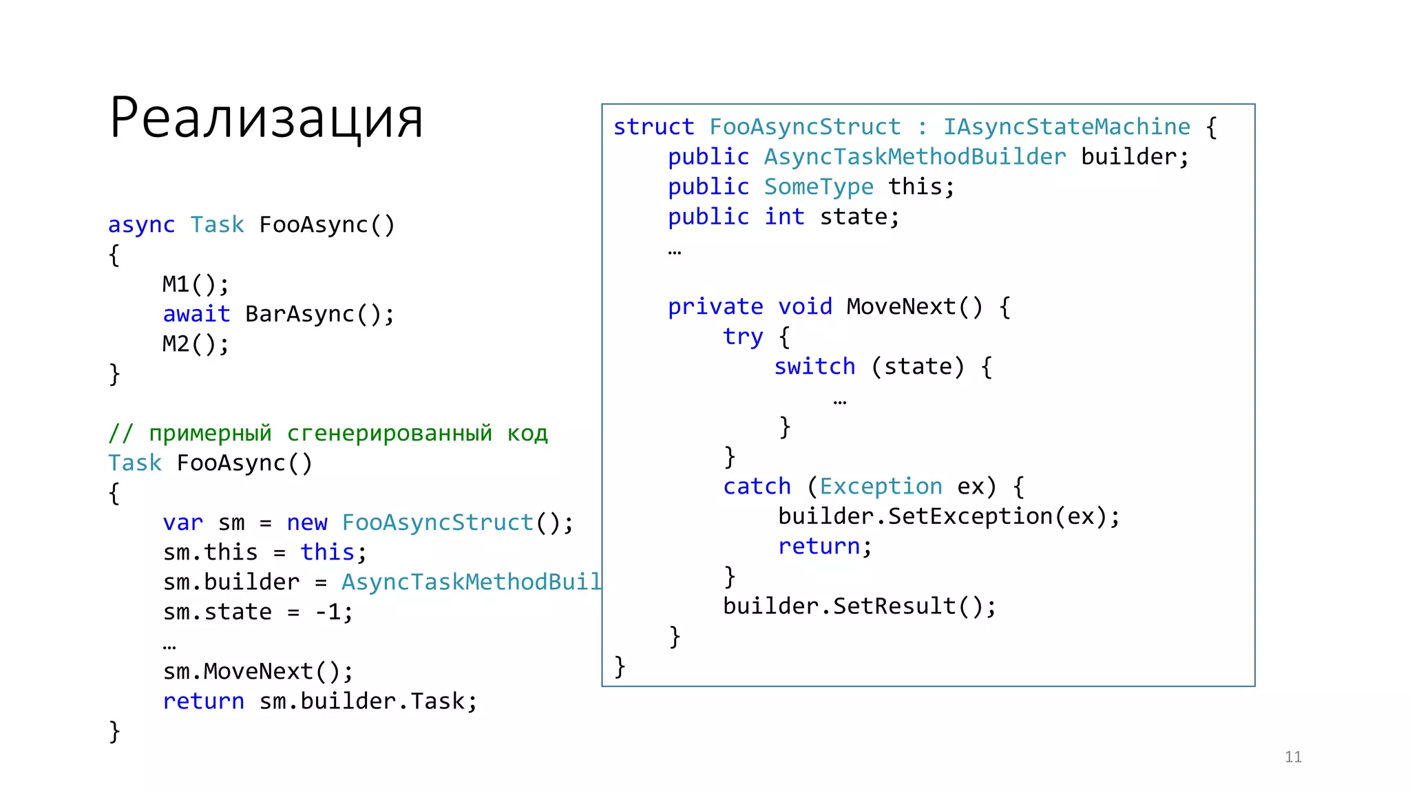 Реализация
async Task FooAsync()
{
M1();
await BarAsync();
M2();
}
// примерный сгенерированный код
Task FooAsync()
{
var sm = new FooAsyncStruct();
sm.this = this;
sm.builder = AsyncTaskMethodBuilder.Create();
sm.state = -1;
…
sm.MoveNext();
return sm.builder.Task;
}
11
struct FooAsyncStruct : IAsyncStateMachine {
public AsyncTaskMethodBuilder builder;
public SomeType this;
public int state;
…
private void MoveNext() {
try {
switch (state) {
…
}
}
catch (Exception ex) {
builder.SetException(ex);
return;
}
builder.SetResult();
}
}
 