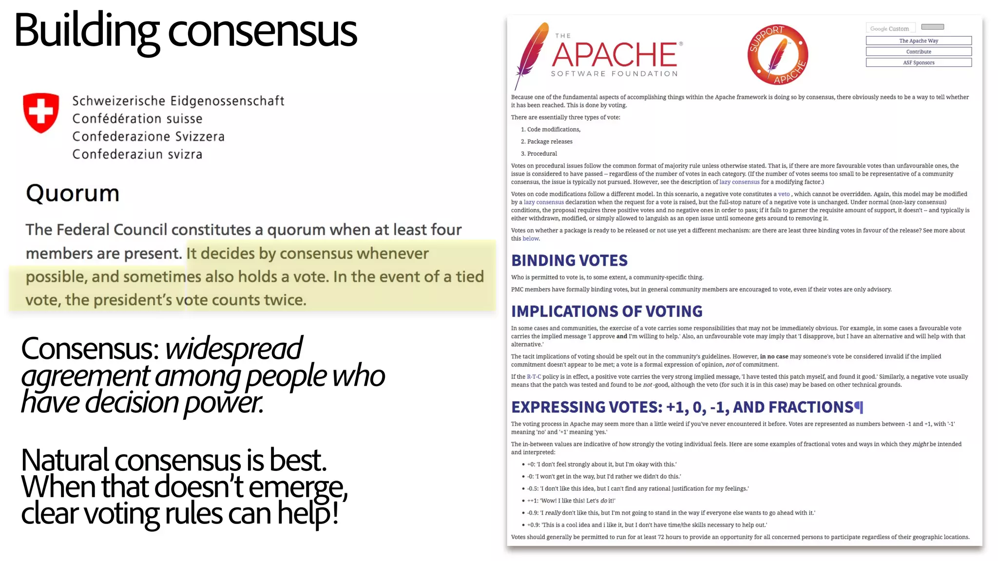Buildingconsensus
Naturalconsensusisbest.
Whenthatdoesn’temerge,
clearvotingrulescanhelp!
Consensus:widespread
agreementamongpeoplewho
havedecisionpower.
 