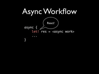 Async Workﬂow
            React!
async { 	
    let! res = <async work>
    ...	
}
 