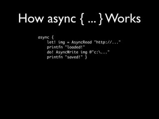 How async { ... } Works
   async {
       let! img = AsyncRead "http://..."
       printfn "loaded!"
       do! AsyncWrite img @"c:..."
       printfn "saved!" }
 