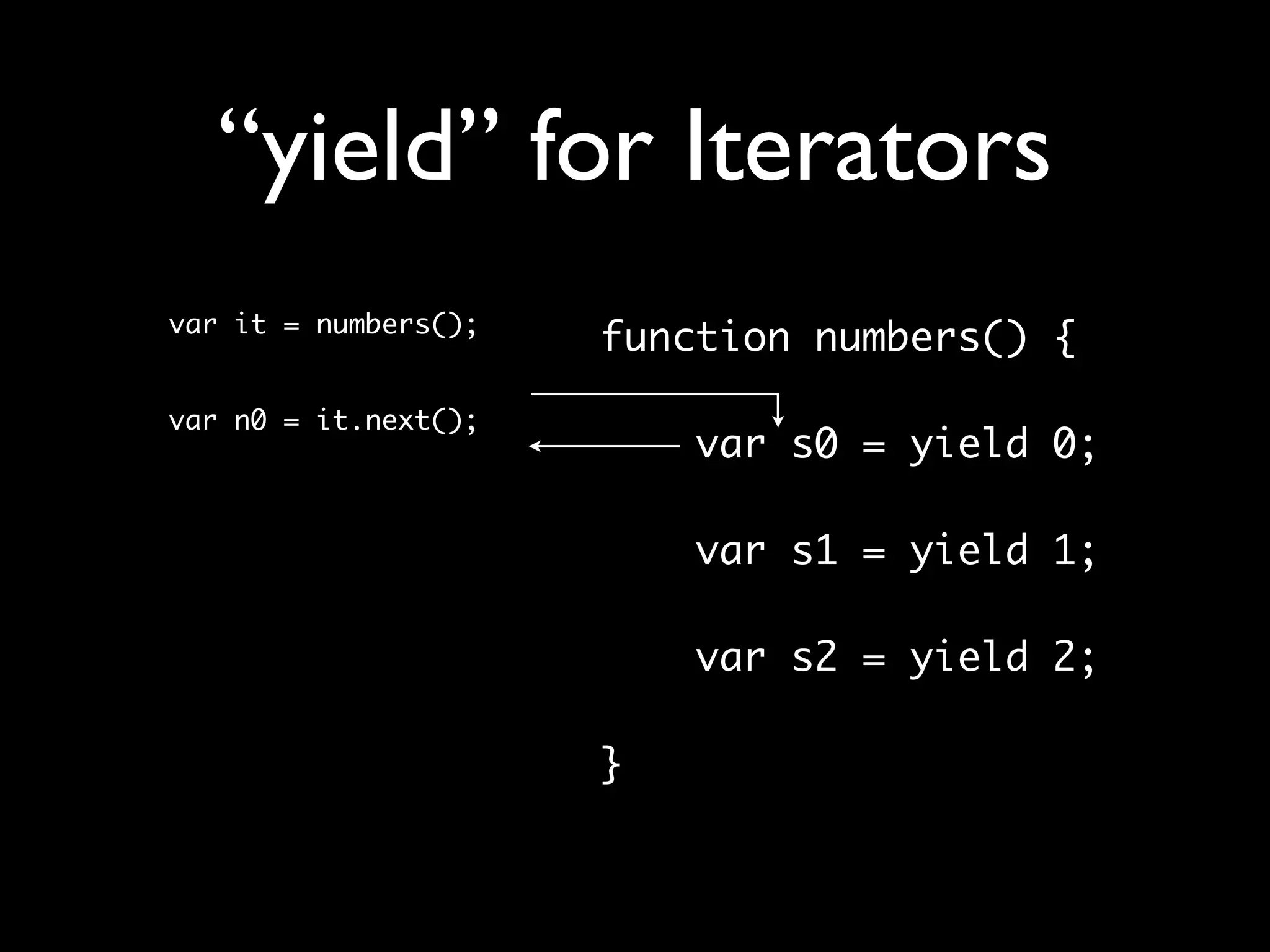 “yield” for Iterators
var it = numbers();
                      function numbers() {
var n0 = it.next();
                          var s0 = yield 0;
                      	
                          var s1 = yield 1;
                      	
                          var s2 = yield 2;

                      }
 