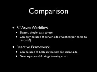 Comparison

• F# Async Workﬂow
 •   Elegant, simple, easy to use
 •   Can only be used at server-side (WebSharper come to
     rescure?)

• Reactive Framework
 •   Can be used at both server-side and client-side.
 •   New async model brings learning cost.
 
