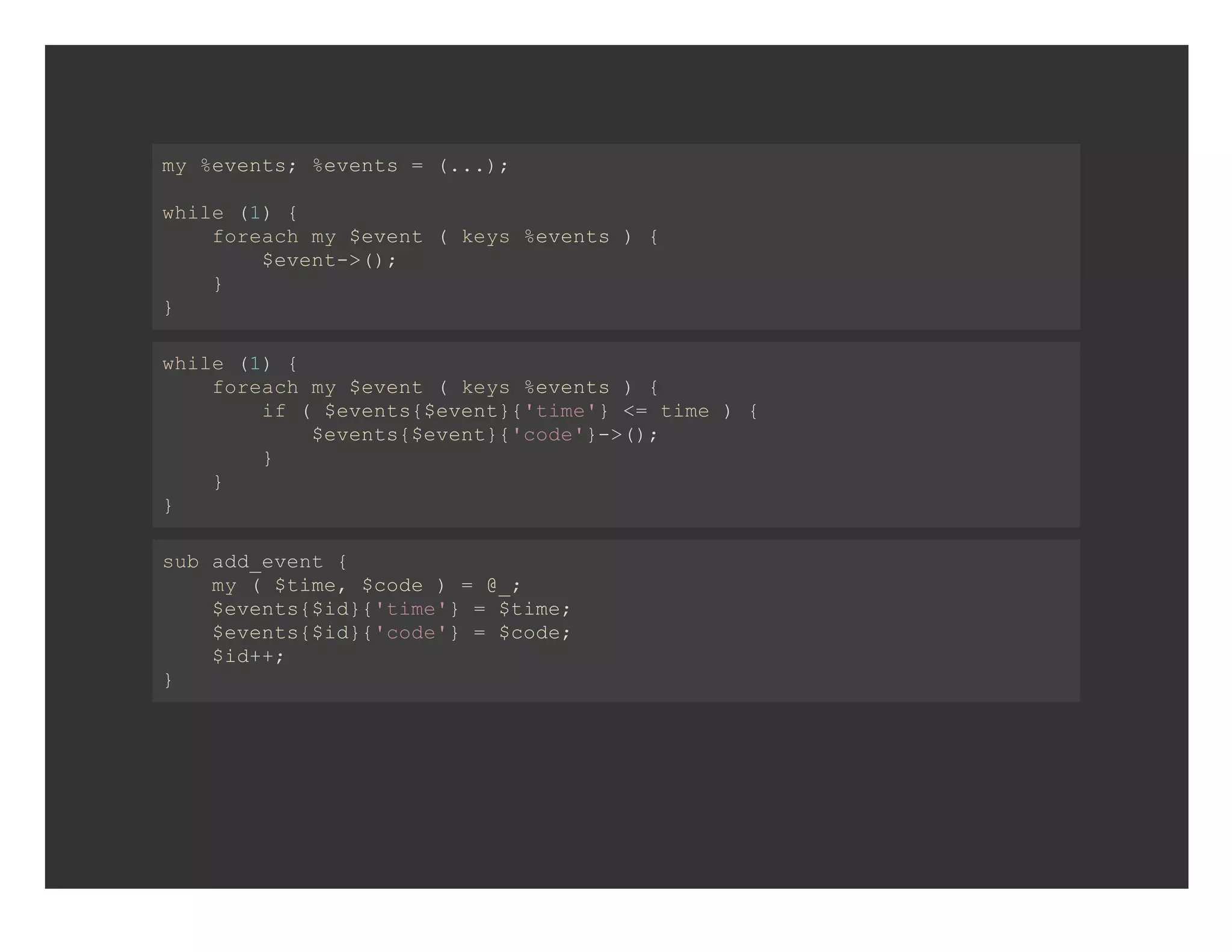 m eet;%vns=(.) y%vns eet  ..; wie(){ hl 1    frahm eet(ky eet     oec y$vn  es%vns){     $vn­(;     eet>)   }    } wie(){ hl 1    frahm eet(ky eet     oec y$vn  es%vns){     i  eet{eet{tm' =tm       f($vns$vn}'ie}< ie){       $vns$vn}'oe}>)       eet{eet{cd'­(;     }        }    } sbadeet{ u d_vn    m  tm,$oe)=@;   y($ie cd   _   $vns$d{tm'  tm;   eet{i}'ie}=$ie   $vns$d{cd'  cd;   eet{i}'oe}=$oe   $d+   i+; } 