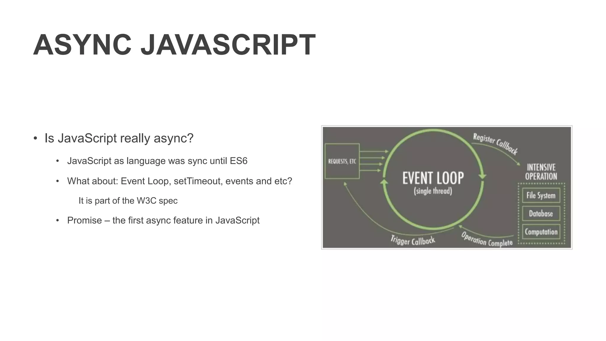 ASYNC JAVASCRIPT
• Is JavaScript really async?
• JavaScript as language was sync until ES6
• What about: Event Loop, setTimeout, events and etc?
It is part of the W3C spec
• Promise – the first async feature in JavaScript
 