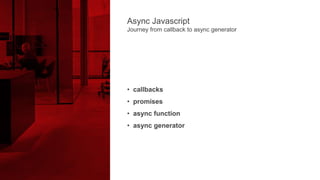 • callbacks
• promises
• async function
• async generator
Async Javascript
Journey from callback to async generator
 