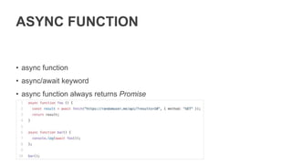 ASYNC GENERATOR
Started developed by Kevin Smith in 2014, and finished by Domenic Denicola
in 2017. Currently it is on STAGE - 3
Analogs:
• .Net C# - AsyncEnumerator
• C++ - Proposals n4244 & N3858(C++17) - Resumable Functions (resume/await)
• Java – Not supported
 
