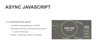 ASYNC JAVASCRIPT
• Is JavaScript really async?
• JavaScript as language was sync until ES6
• What about: Event Loop, setTimeout, events and etc?
It is part of the W3C spec
• Promise – the first async feature in JavaScript
 
