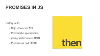 PROMISES IN JS
History in JS:
• Dojo - Deferred API
• Promise/A+ specification
• jQuery deferred and Q/$Q
• Promises is part of ES6
 