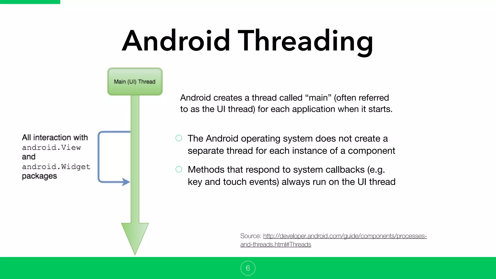 Android Threading
The Android operating system does not create a
separate thread for each instance of a component

Methods that respond to system callbacks (e.g.
key and touch events) always run on the UI thread
6
Android creates a thread called “main” (often referred
to as the UI thread) for each application when it starts. 

Source: http://developer.android.com/guide/components/processes-
and-threads.html#Threads
 