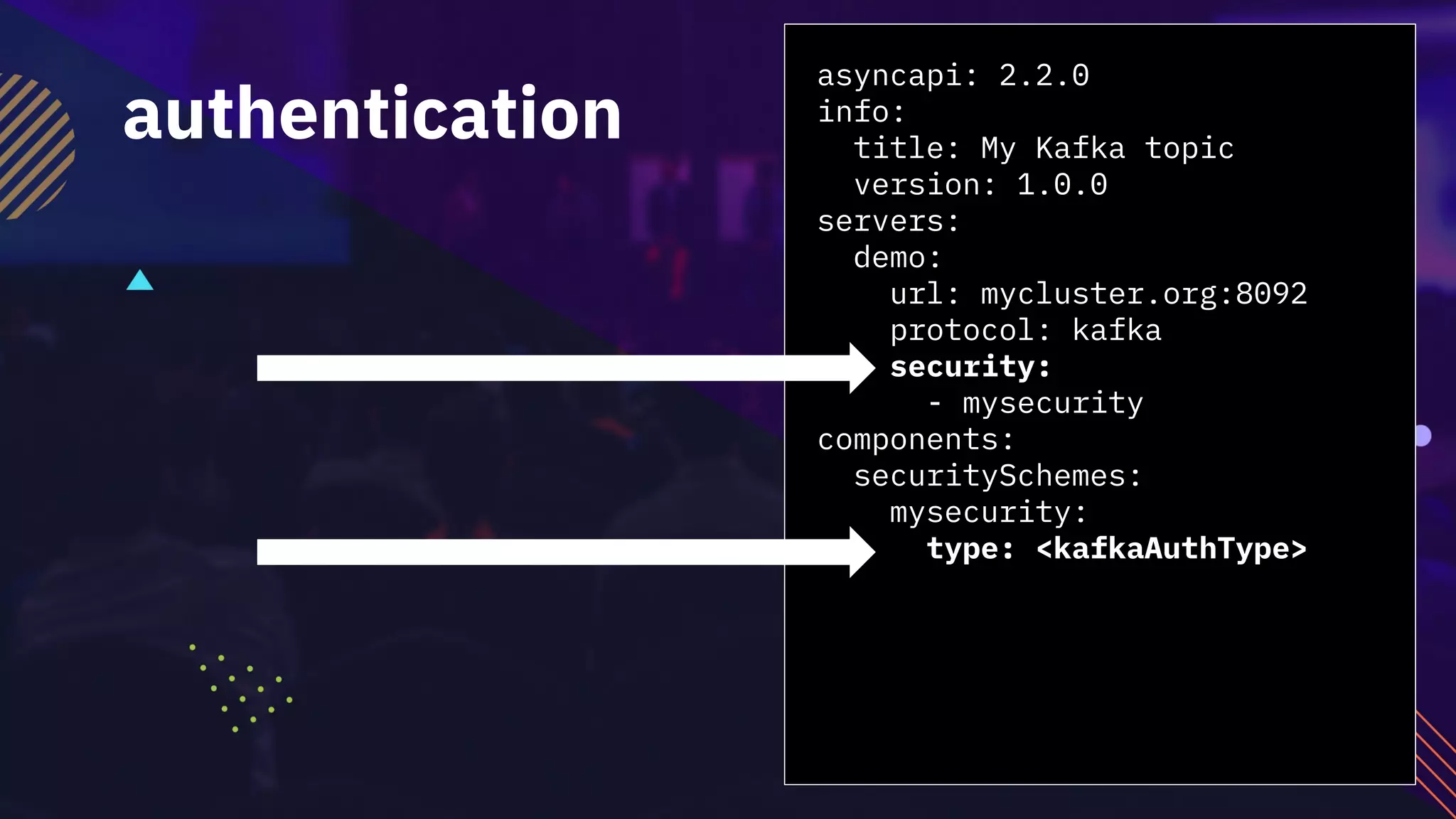 asyncapi: 2.2.0
info:
title: My Kafka topic
version: 1.0.0
servers:
demo:
url: mycluster.org:8092
protocol: kafka
security:
- mysecurity
components:
securitySchemes:
mysecurity:
type: <kafkaAuthType>
authentication
 