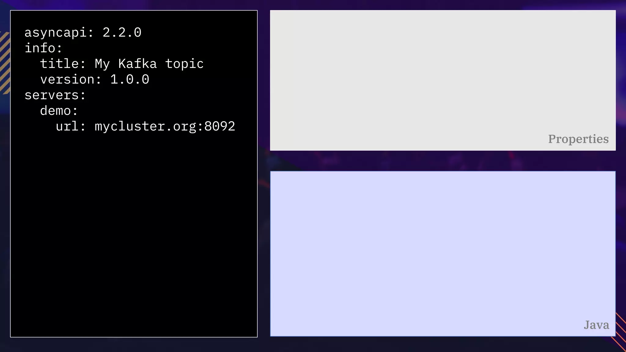 asyncapi: 2.2.0
info:
title: My Kafka topic
version: 1.0.0
servers:
demo:
url: mycluster.org:8092
Properties
Java
 