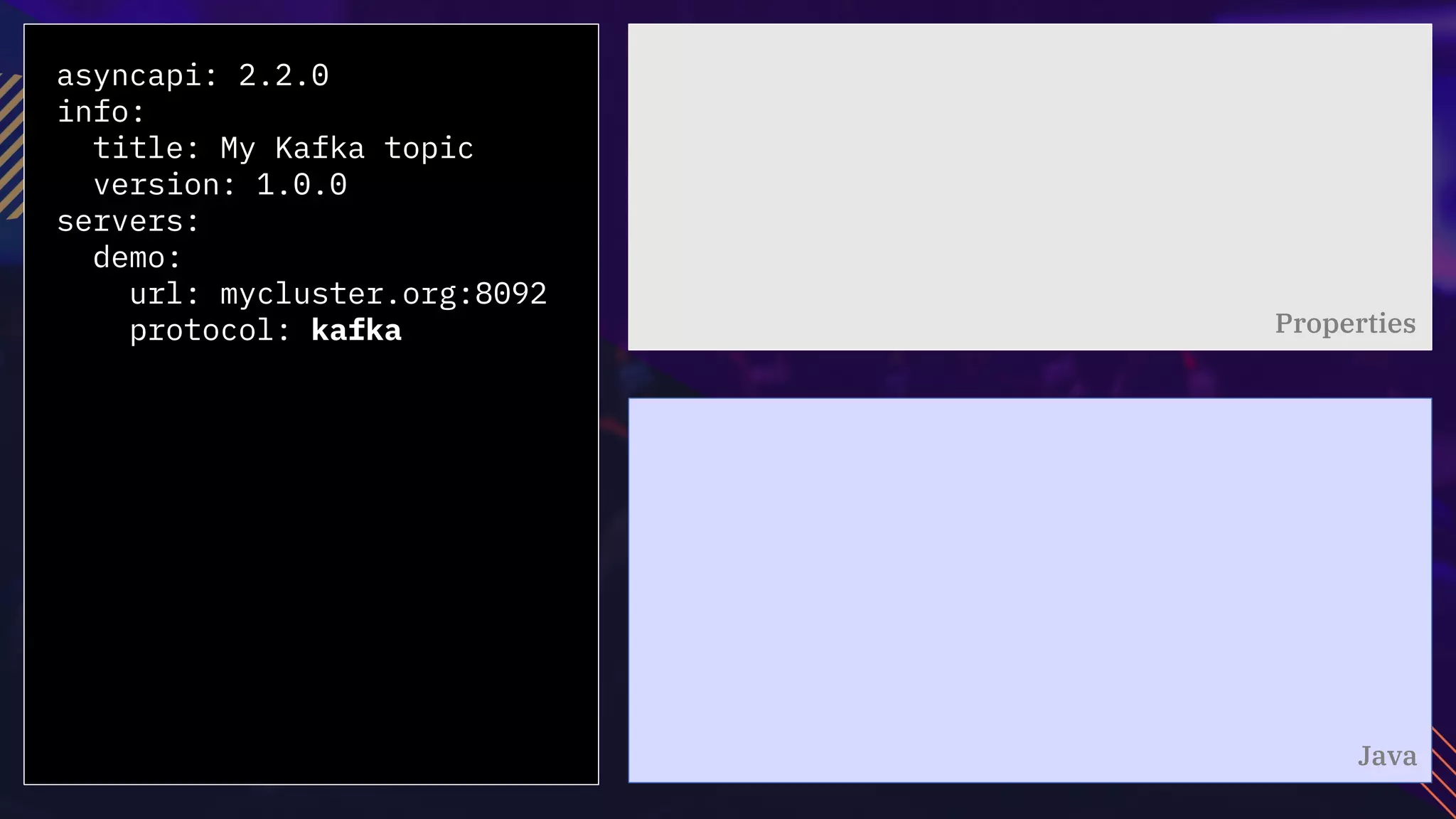 asyncapi: 2.2.0
info:
title: My Kafka topic
version: 1.0.0
servers:
demo:
url: mycluster.org:8092
protocol: kafka Properties
Java
 