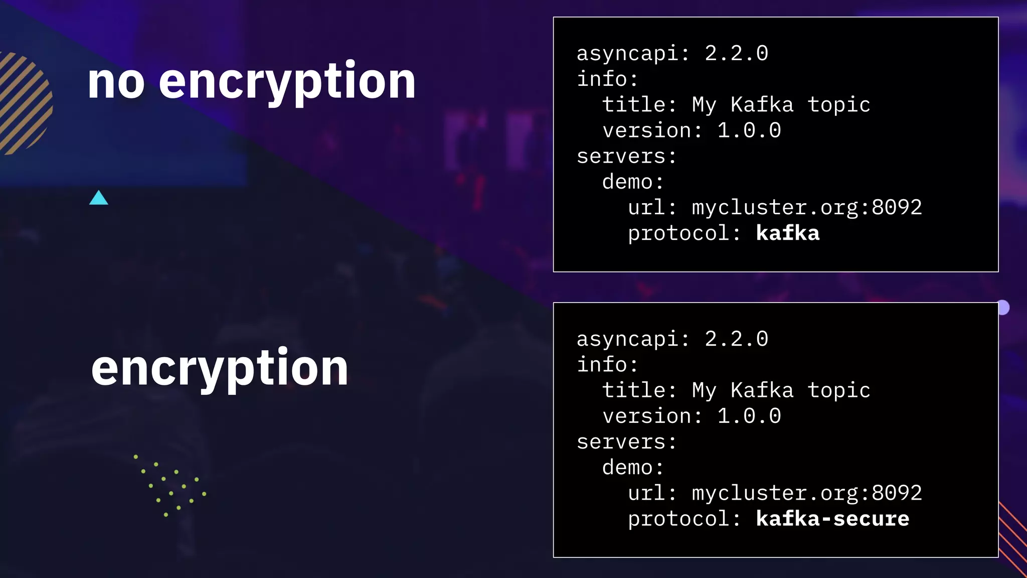 asyncapi: 2.2.0
info:
title: My Kafka topic
version: 1.0.0
servers:
demo:
url: mycluster.org:8092
protocol: kafka
asyncapi: 2.2.0
info:
title: My Kafka topic
version: 1.0.0
servers:
demo:
url: mycluster.org:8092
protocol: kafka-secure
no encryption
encryption
 