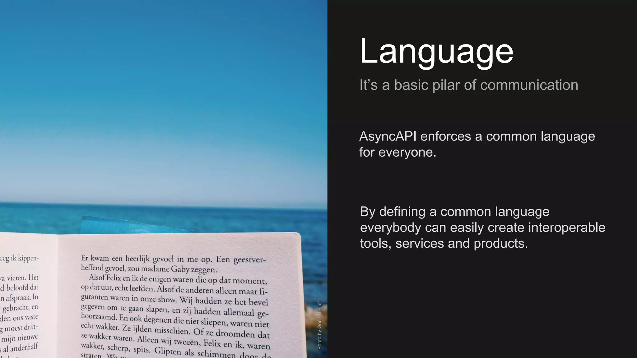 AsyncAPI enforces a common language
for everyone.
Language
It’s a basic pilar of communication
PhotobyGonardFluit
By defining a common language
everybody can easily create interoperable
tools, services and products.
 