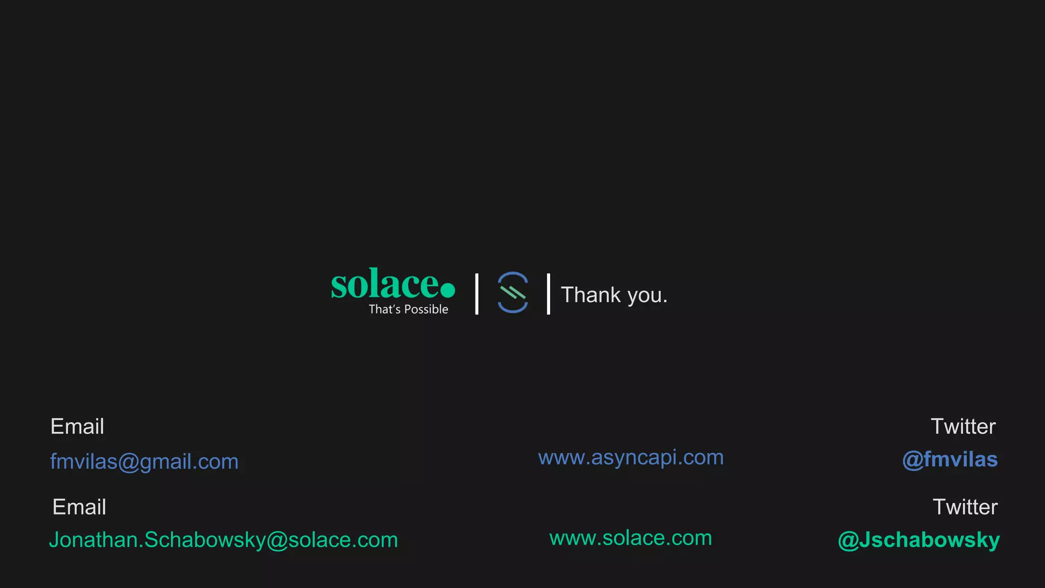 Thank you.
Twitter
@Jschabowsky
Email
Twitter
@fmvilas
Email
Jonathan.Schabowsky@solace.com www.solace.com
www.asyncapi.comfmvilas@gmail.com
 