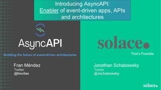 That’s Possible
Introducing AsyncAPI:
Enabler of event-driven apps, APIs
and architectures
Twitter
@fmvilas
Fran Méndez
Twitter
@Jschabowsky
Jonathan Schabowsky
 